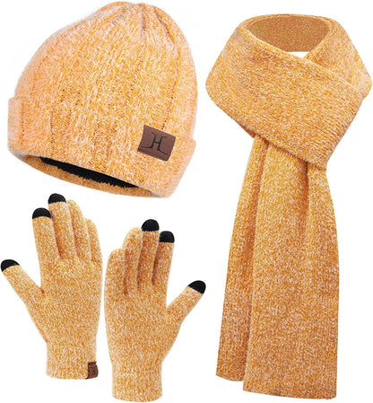 Womens Winter Warm Knit Beanie Hat Touchscreen Gloves Long Scarf Set with Fleece Lined Skull Caps Neck Scarves for Women Men Apparel & Accessories > Clothing Accessories > Gloves & Mittens FZ FANTASTIC ZONE Hat&scarf&gloves-yellow One Size 