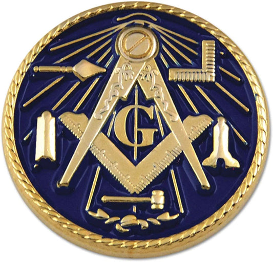 Working Tools Square & Compass round Masonic Lapel Pin - [Blue & Gold][1'' Diameter]