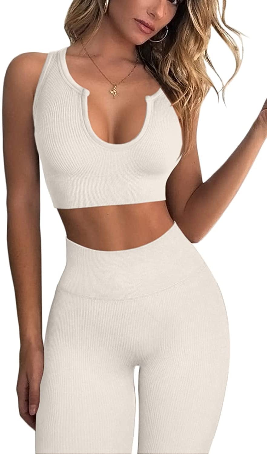 Workout Outfits for Women 2 Piece Ribbed Seamless Crop Tank High Waist Yoga Leggings Sets Beige / Medium