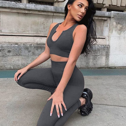 Workout Outfits for Women 2 Piece Ribbed Seamless Crop Tank High Waist Yoga Leggings Sets