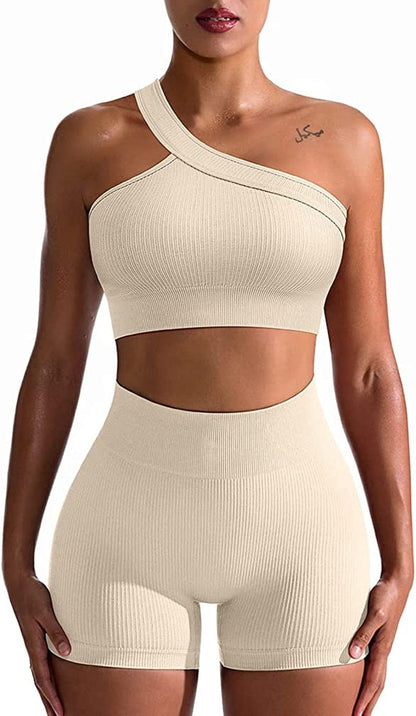 Workout Outfits for Women 2 Piece Seamless Ribbed High Waist Leggings with Sports Bra Exercise Set Beige5 / Medium