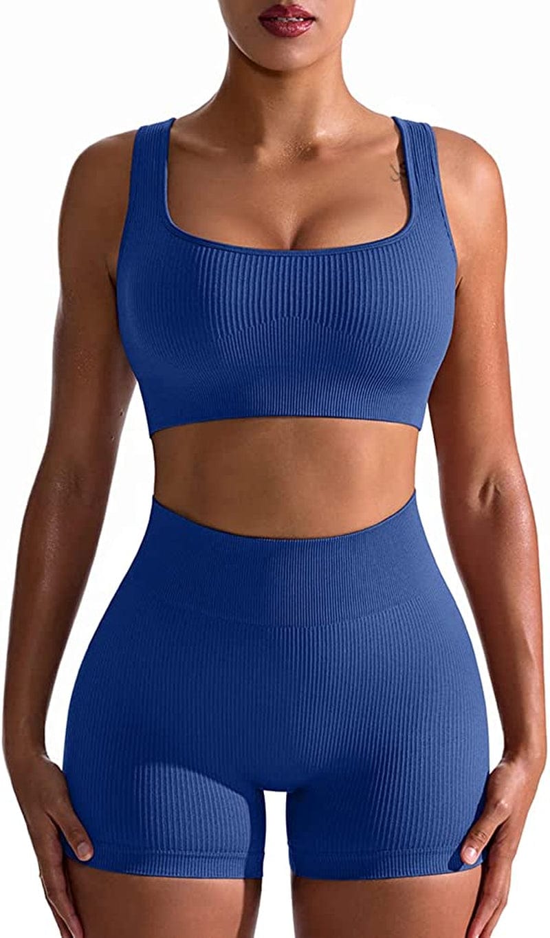 Workout Outfits for Women 2 Piece Seamless Ribbed High Waist Leggings with Sports Bra Exercise Set Darkblue / Small