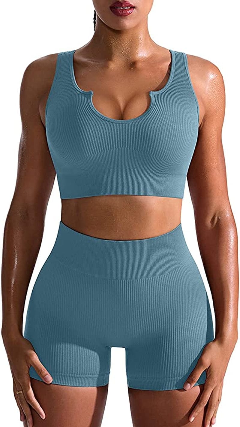 Workout Outfits for Women 2 Piece Seamless Ribbed High Waist Leggings with Sports Bra Exercise Set Blue1 / Large