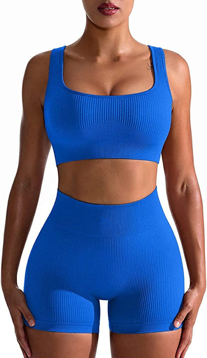 Workout Outfits for Women 2 Piece Seamless Ribbed High Waist Leggings with Sports Bra Exercise Set Blue2 / Large