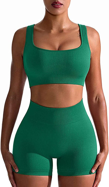 Workout Outfits for Women 2 Piece Seamless Ribbed High Waist Leggings with Sports Bra Exercise Set Green / Large