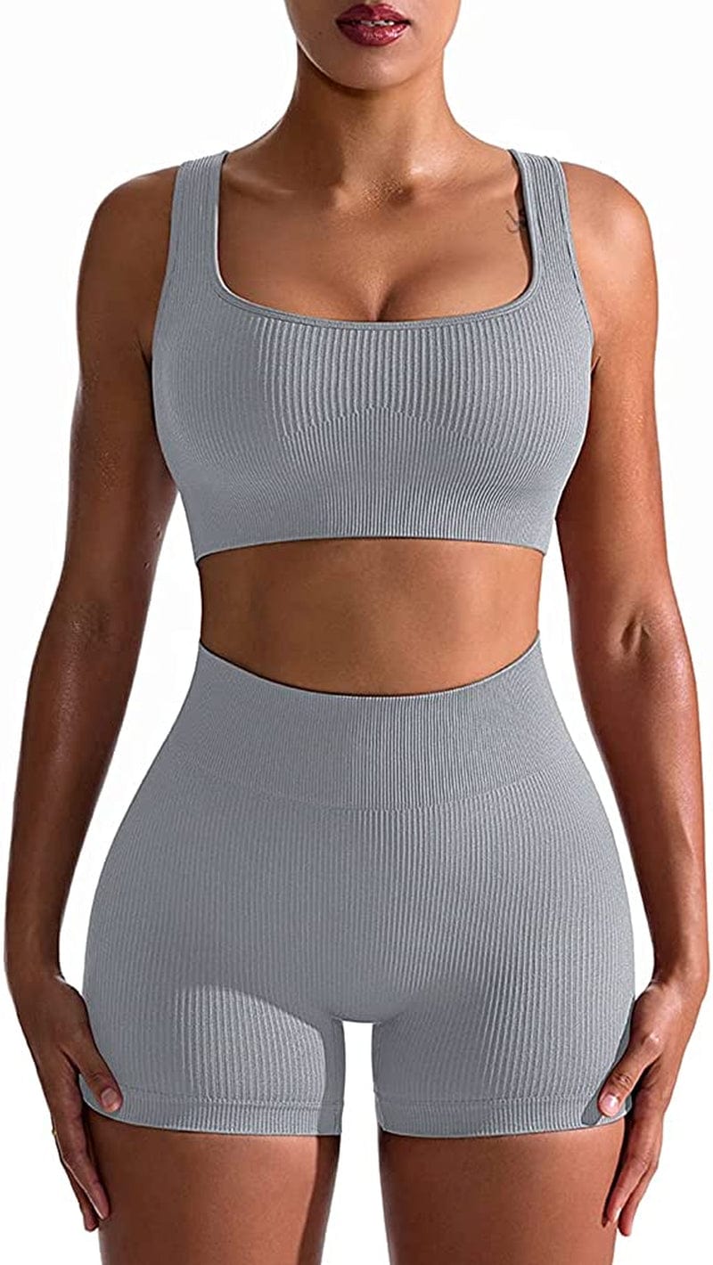 Workout Outfits for Women 2 Piece Seamless Ribbed High Waist Leggings with Sports Bra Exercise Set Silver Grey / Medium