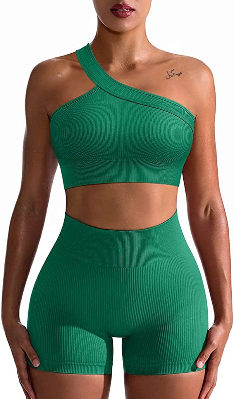 Workout Outfits for Women 2 Piece Seamless Ribbed High Waist Leggings with Sports Bra Exercise Set Green5 / Medium