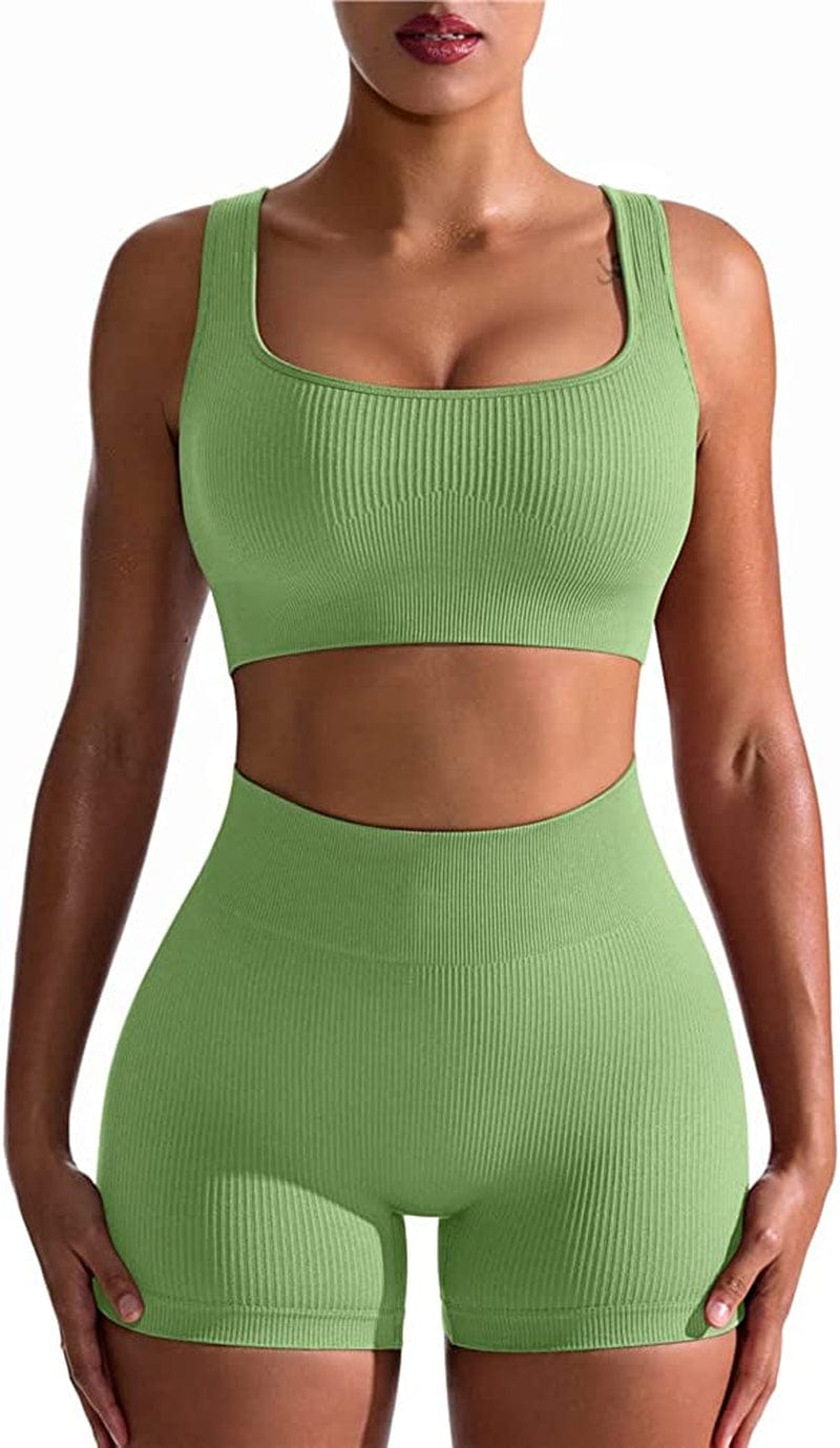 Workout Outfits for Women 2 Piece Seamless Ribbed High Waist Leggings with Sports Bra Exercise Set G:bamboogreen / Large