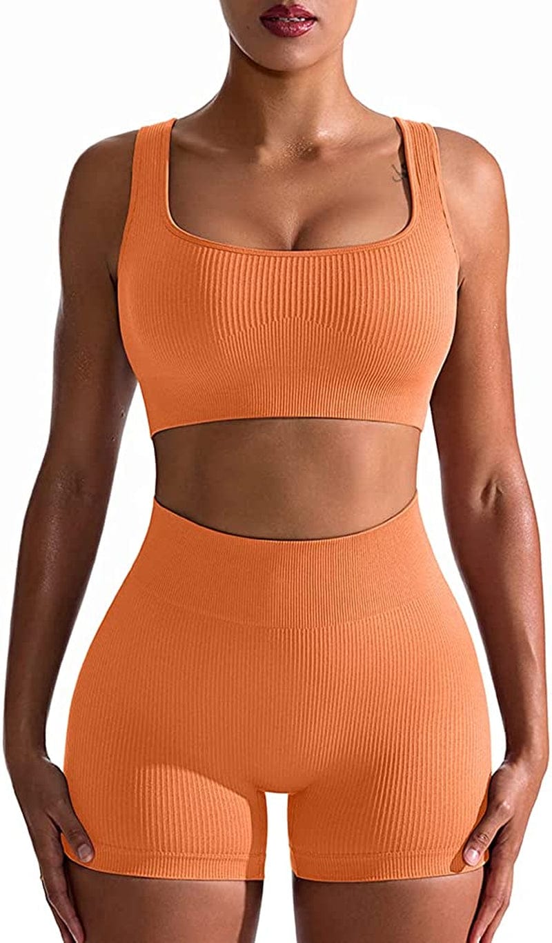 Workout Outfits for Women 2 Piece Seamless Ribbed High Waist Leggings with Sports Bra Exercise Set Orange / Large