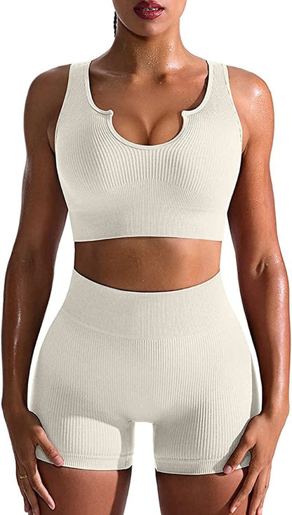 Workout Outfits for Women 2 Piece Seamless Ribbed High Waist Leggings with Sports Bra Exercise Set Beige1 / Medium