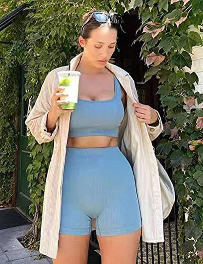 Workout Outfits for Women 2 Piece Seamless Ribbed High Waist Leggings with Sports Bra Exercise Set