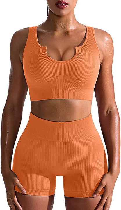 Workout Outfits for Women 2 Piece Seamless Ribbed High Waist Leggings with Sports Bra Exercise Set