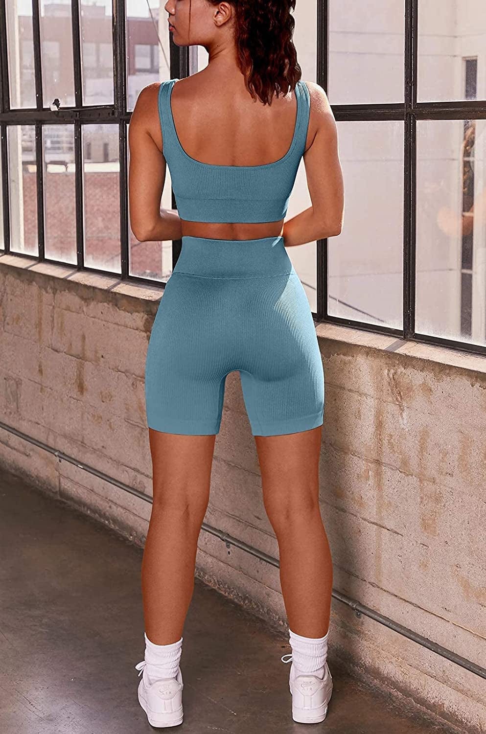 Workout Outfits for Women 2 Piece Seamless Ribbed High Waist Leggings with Sports Bra Exercise Set