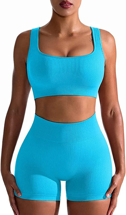 Workout Outfits for Women 2 Piece Seamless Ribbed High Waist Leggings with Sports Bra Exercise Set Brightblue / Small