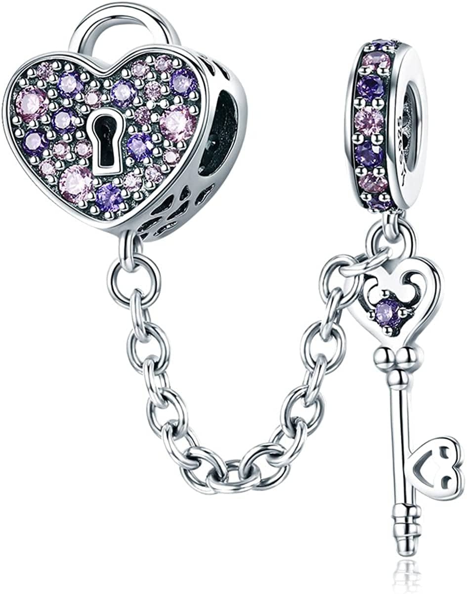 WOSTU 925 Sterling Silver Exquisite Charms Pink Love Heart Bead Charm for Bracelets the Key of Heart Charms Beads for Women Girls… Apparel & Accessories > Jewelry > Bracelets WOSTU Pink purple  