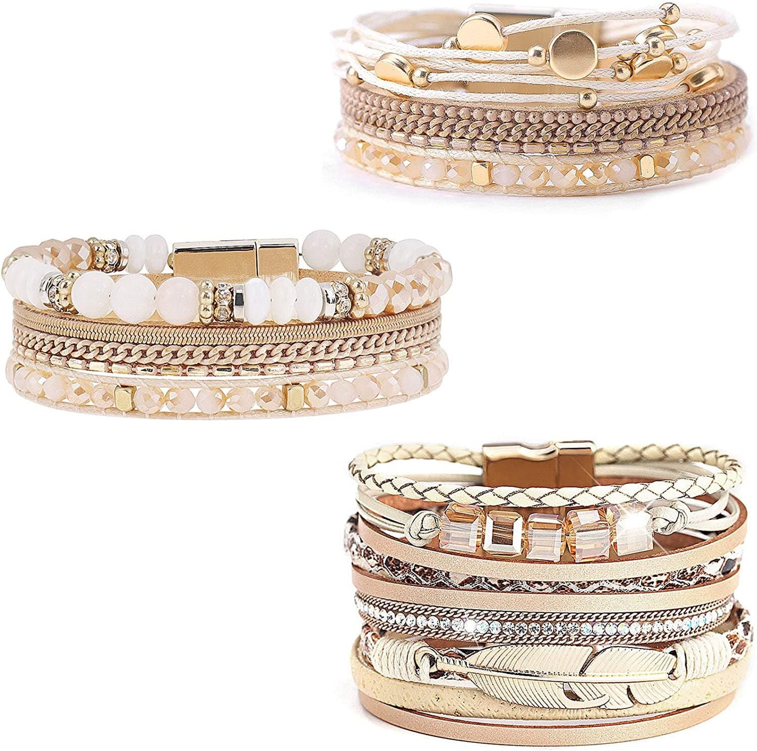 Wovanoo Leather Wrap Bracelet Set 3Pack Wrist Cuff Bracelet for Women Girls Multilayer Magnetic Clasp Bracelet Feather Tree Bead Crystal Bracelet Apparel & Accessories > Jewelry > Bracelets Wovanoo Crystal  