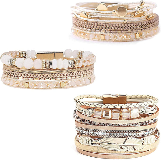 Wovanoo Leather Wrap Bracelet Set 3Pack Wrist Cuff Bracelet for Women Girls Multilayer Magnetic Clasp Bracelet Feather Tree Bead Crystal Bracelet Apparel & Accessories > Jewelry > Bracelets Wovanoo Crystal  