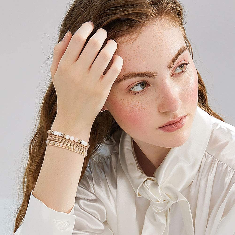Wovanoo Leather Wrap Bracelet Set 3Pack Wrist Cuff Bracelet for Women Girls Multilayer Magnetic Clasp Bracelet Feather Tree Bead Crystal Bracelet Apparel & Accessories > Jewelry > Bracelets Wovanoo   