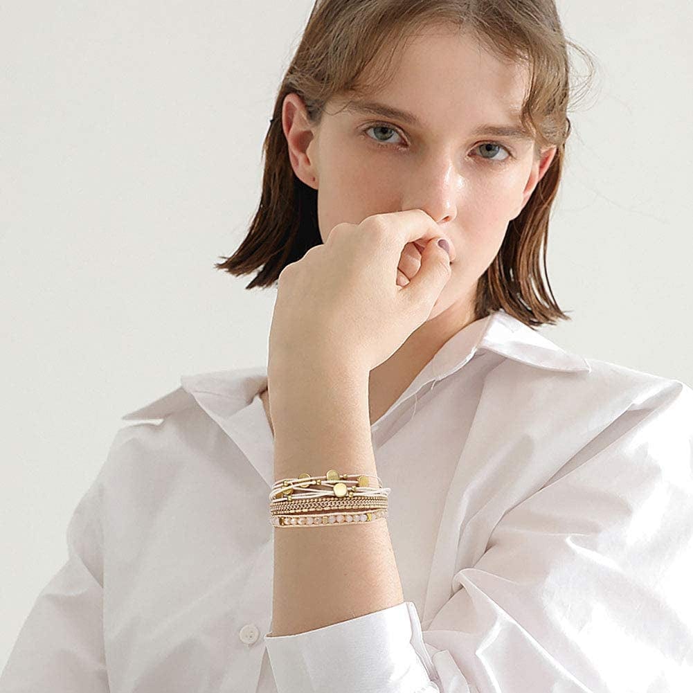 Wovanoo Leather Wrap Bracelet Set 3Pack Wrist Cuff Bracelet for Women Girls Multilayer Magnetic Clasp Bracelet Feather Tree Bead Crystal Bracelet Apparel & Accessories > Jewelry > Bracelets Wovanoo   