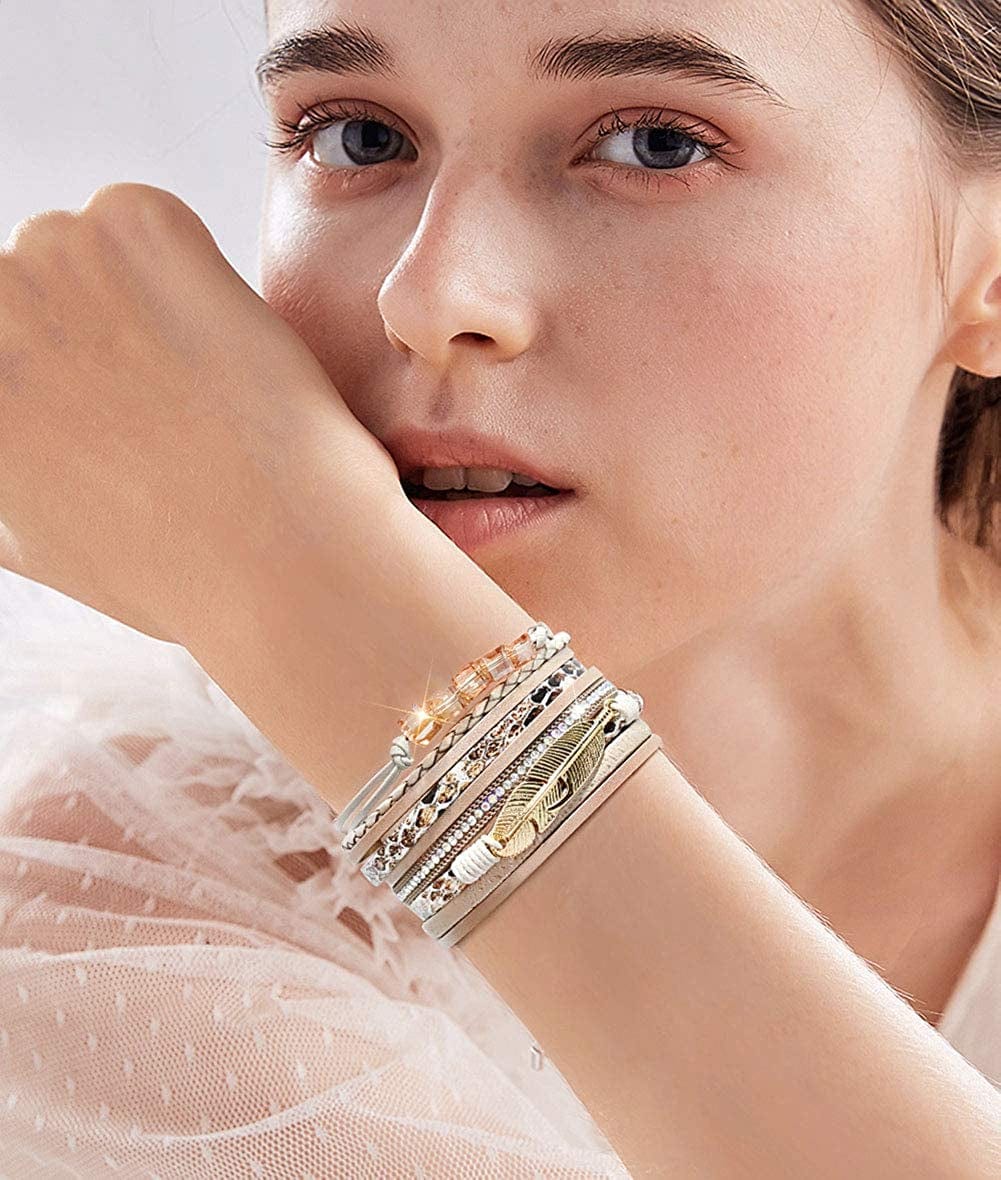 Wovanoo Leather Wrap Bracelet Set 3Pack Wrist Cuff Bracelet for Women Girls Multilayer Magnetic Clasp Bracelet Feather Tree Bead Crystal Bracelet Apparel & Accessories > Jewelry > Bracelets Wovanoo   