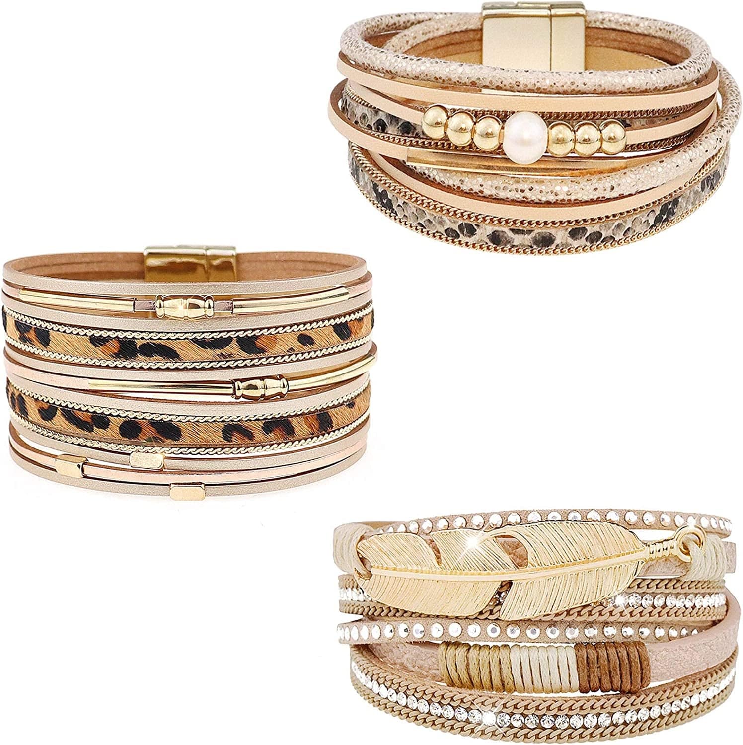 Wovanoo Leather Wrap Bracelet Set 3Pack Wrist Cuff Bracelet for Women Girls Multilayer Magnetic Clasp Bracelet Feather Tree Bead Crystal Bracelet Apparel & Accessories > Jewelry > Bracelets Wovanoo Leaf Leopard  