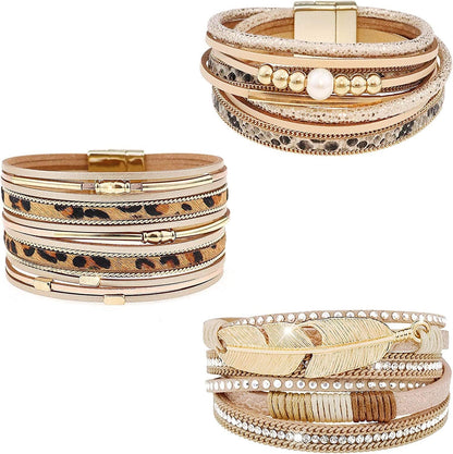 Wovanoo Leather Wrap Bracelet Set 3Pack Wrist Cuff Bracelet for Women Girls Multilayer Magnetic Clasp Bracelet Feather Tree Bead Crystal Bracelet Apparel & Accessories > Jewelry > Bracelets Wovanoo Leaf Leopard  