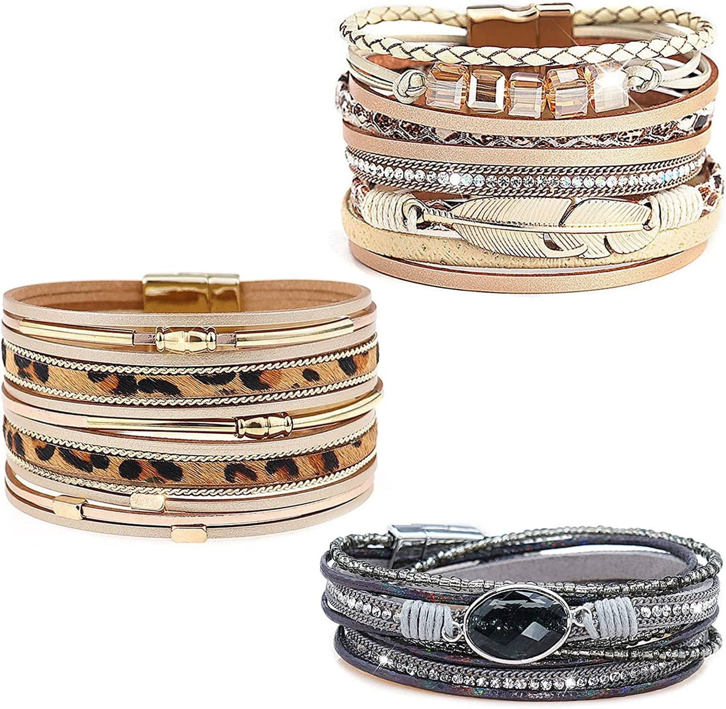 Wovanoo Leather Wrap Bracelet Set 3Pack Wrist Cuff Bracelet for Women Girls Multilayer Magnetic Clasp Bracelet Feather Tree Bead Crystal Bracelet Apparel & Accessories > Jewelry > Bracelets Wovanoo CrystalBlack  