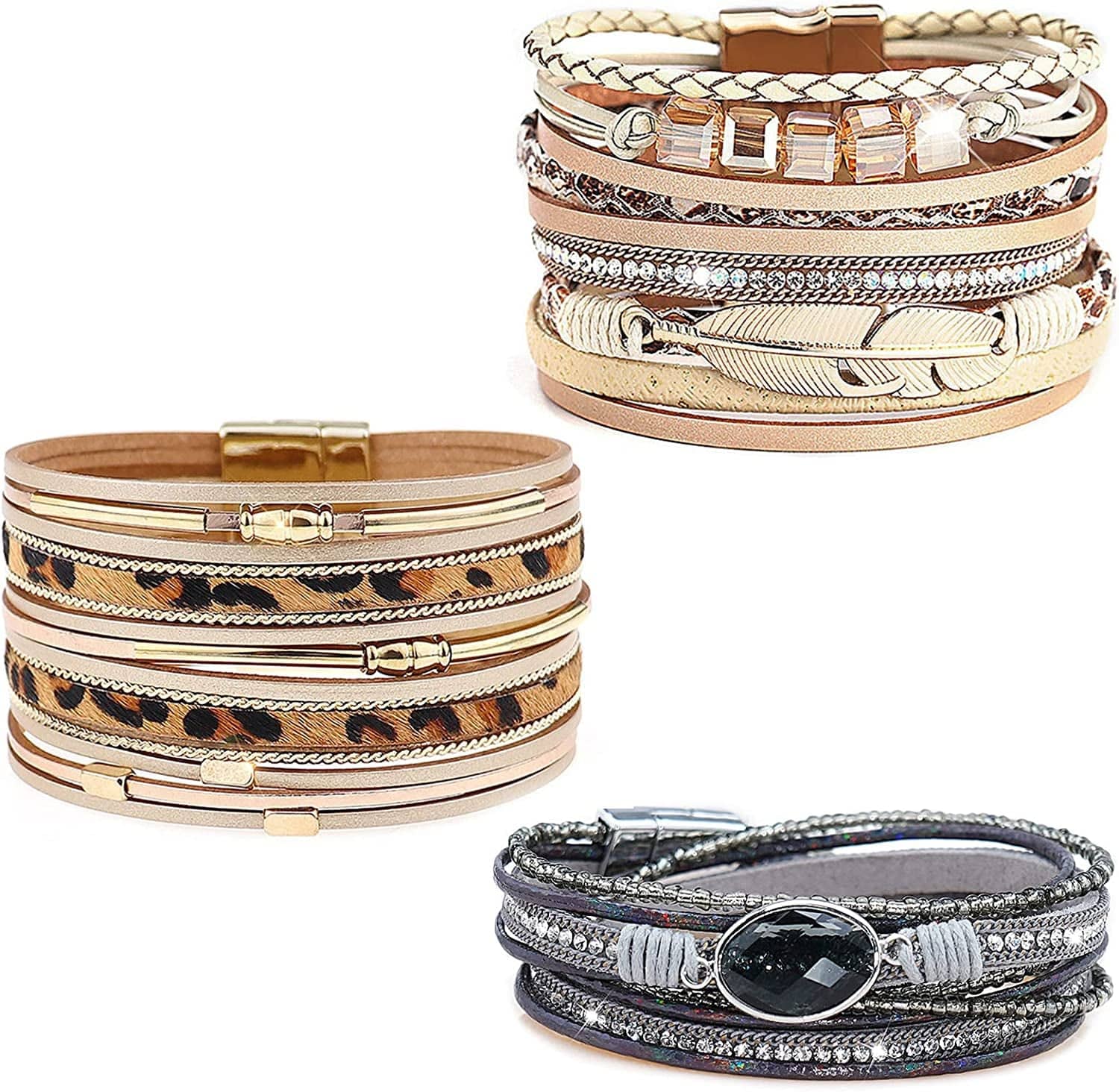 Wovanoo Leather Wrap Bracelet Set 3Pack Wrist Cuff Bracelet for Women Girls Multilayer Magnetic Clasp Bracelet Feather Tree Bead Crystal Bracelet Apparel & Accessories > Jewelry > Bracelets Wovanoo CrystalBlack  