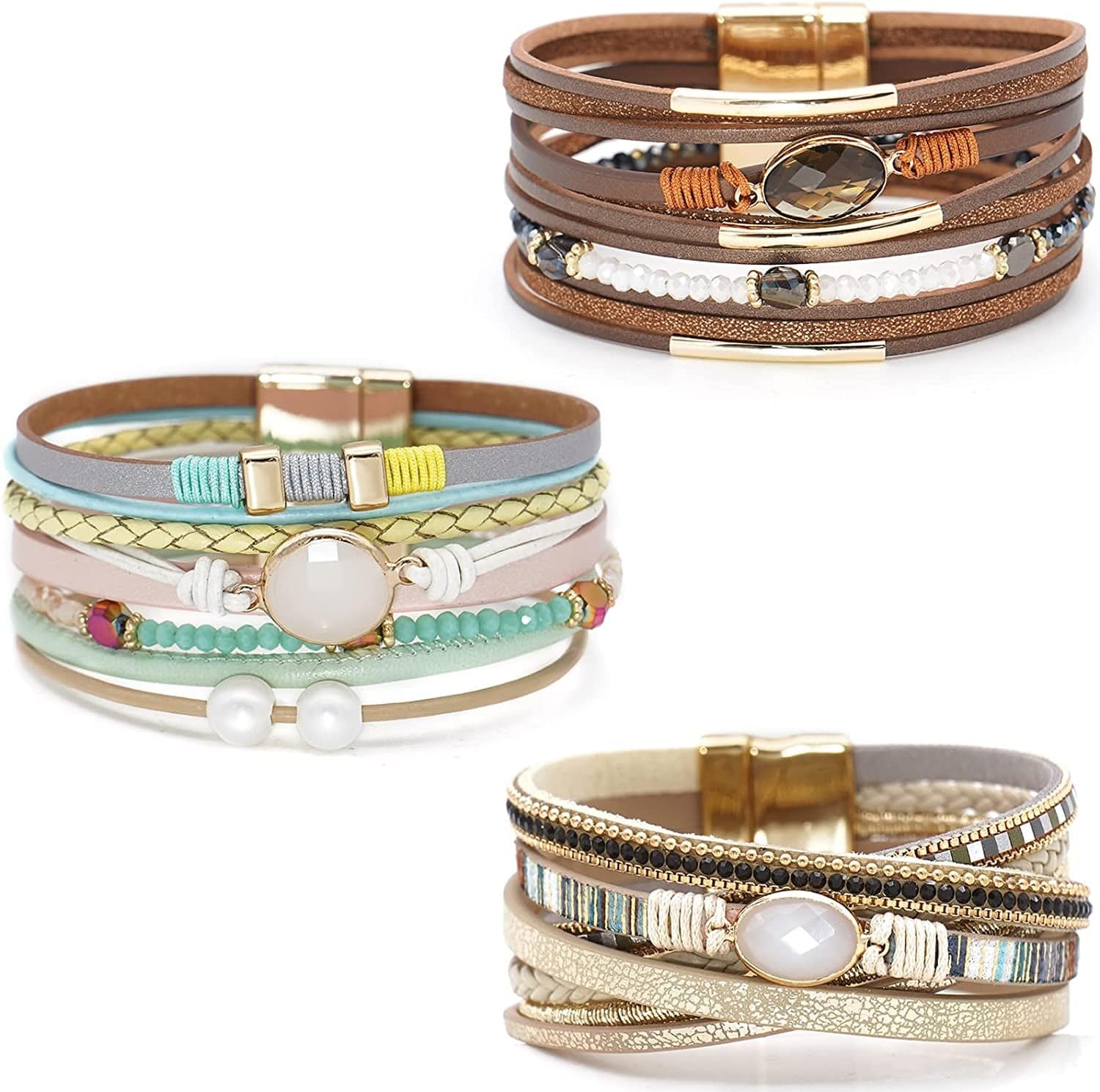 Wovanoo Leather Wrap Bracelet Set 3Pack Wrist Cuff Bracelet for Women Girls Multilayer Magnetic Clasp Bracelet Feather Tree Bead Crystal Bracelet Apparel & Accessories > Jewelry > Bracelets Wovanoo Bead Colorful  