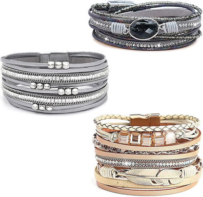 Wovanoo Leather Wrap Bracelet Set 3Pack Wrist Cuff Bracelet for Women Girls Multilayer Magnetic Clasp Bracelet Feather Tree Bead Crystal Bracelet Apparel & Accessories > Jewelry > Bracelets Wovanoo Grey Crystal  