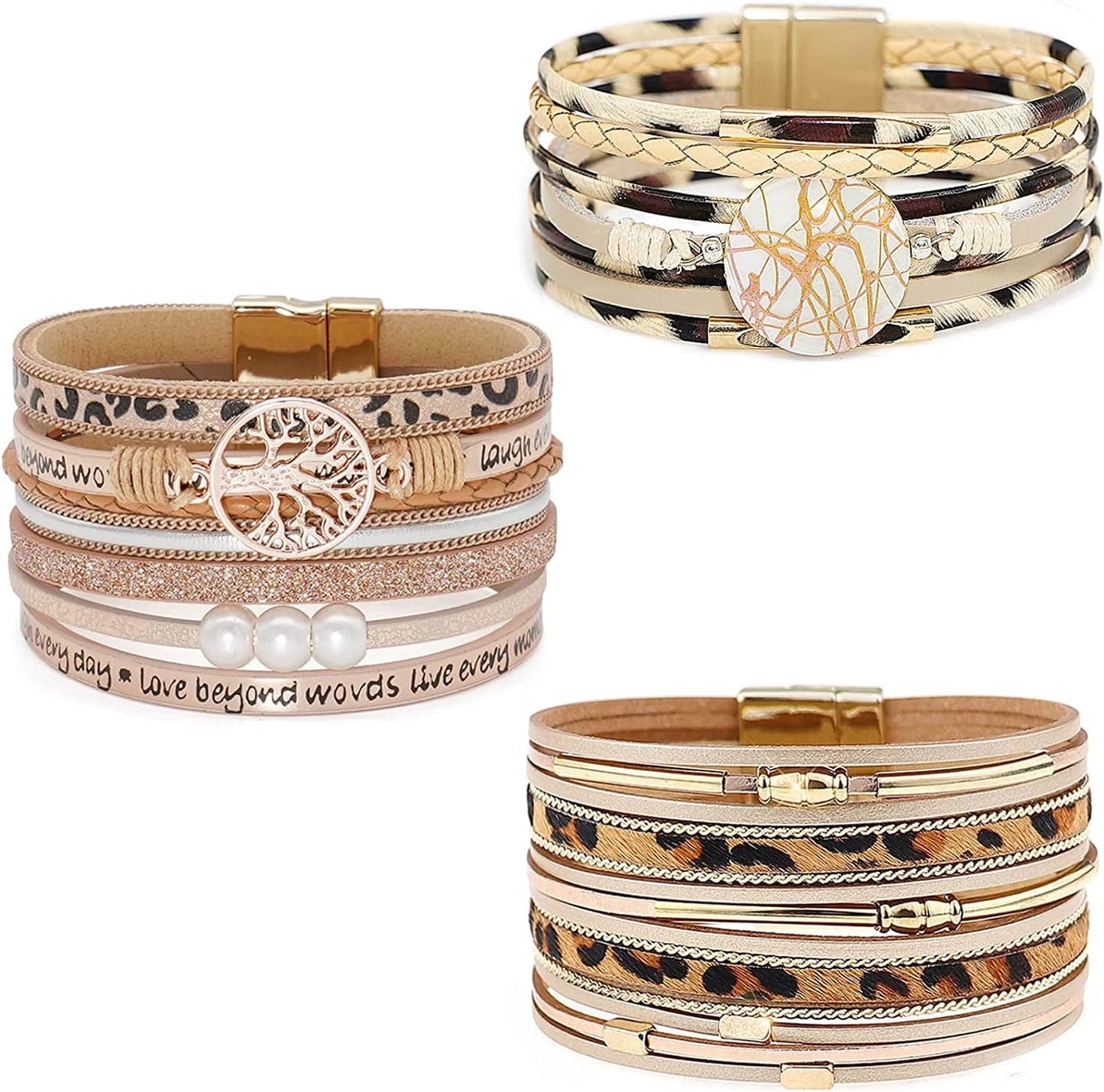 Wovanoo Leather Wrap Bracelet Set 3Pack Wrist Cuff Bracelet for Women Girls Multilayer Magnetic Clasp Bracelet Feather Tree Bead Crystal Bracelet Apparel & Accessories > Jewelry > Bracelets Wovanoo Leopards  