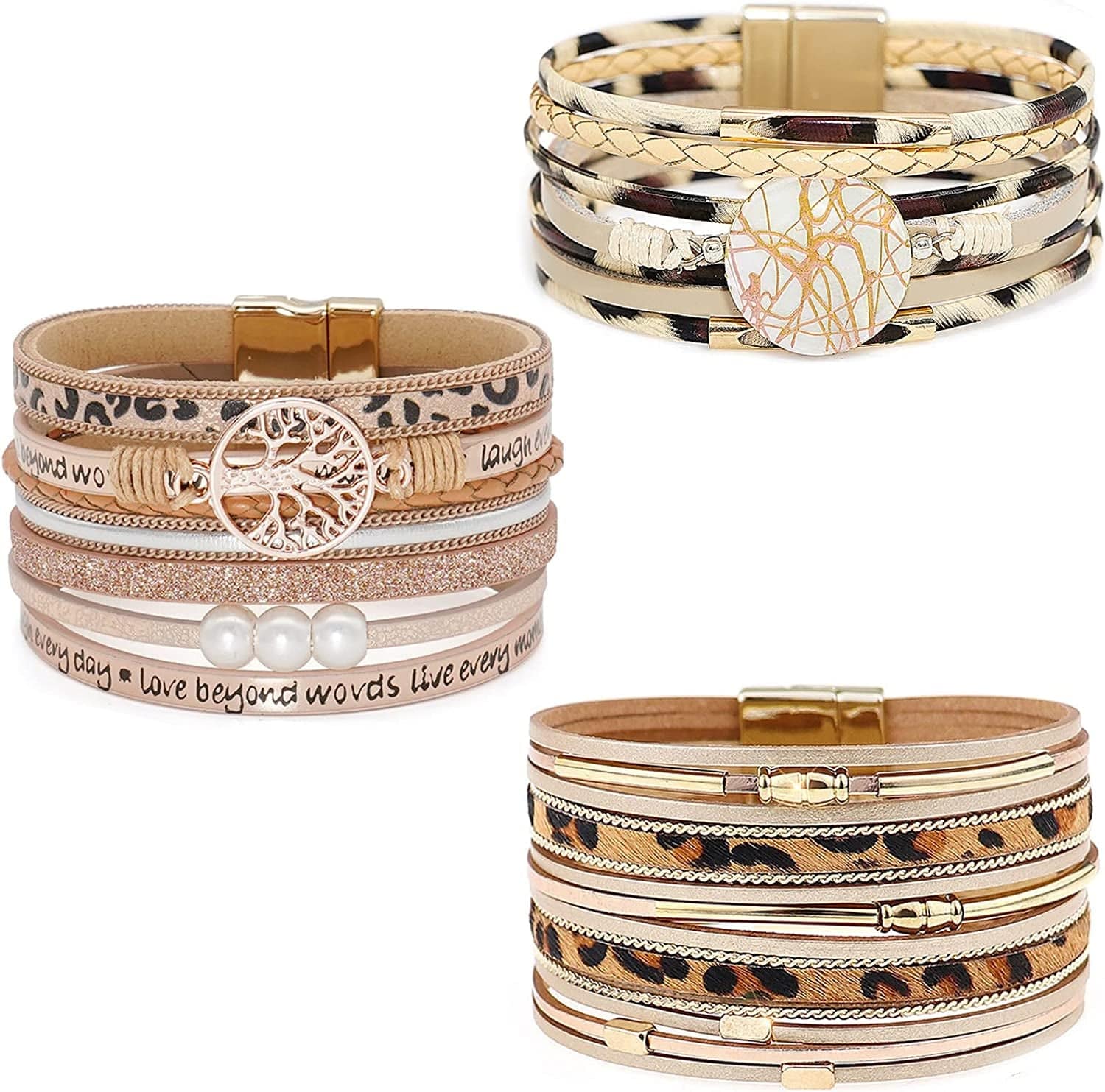 Wovanoo Leather Wrap Bracelet Set 3Pack Wrist Cuff Bracelet for Women Girls Multilayer Magnetic Clasp Bracelet Feather Tree Bead Crystal Bracelet Apparel & Accessories > Jewelry > Bracelets Wovanoo Leopards  