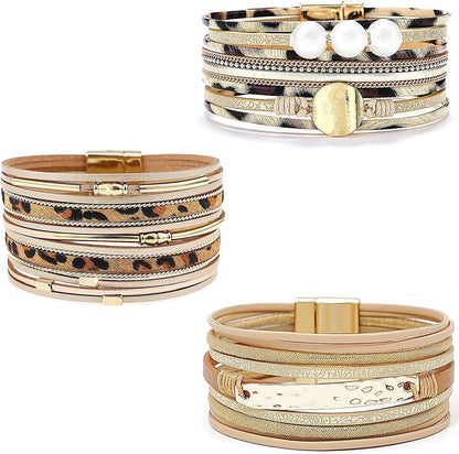 Wovanoo Leather Wrap Bracelet Set 3Pack Wrist Cuff Bracelet for Women Girls Multilayer Magnetic Clasp Bracelet Feather Tree Bead Crystal Bracelet Apparel & Accessories > Jewelry > Bracelets Wovanoo New Leopard  