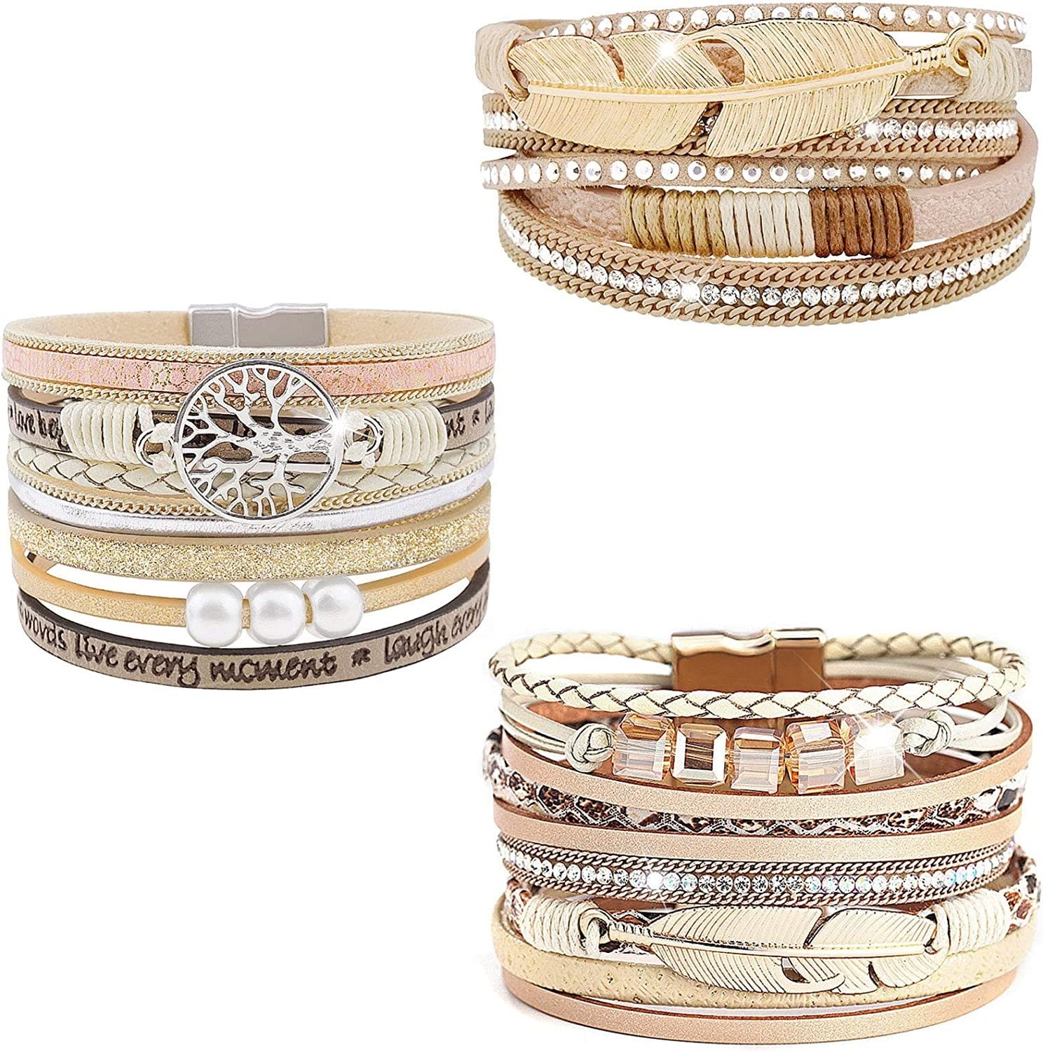 Wovanoo Leather Wrap Bracelet Set 3Pack Wrist Cuff Bracelet for Women Girls Multilayer Magnetic Clasp Bracelet Feather Tree Bead Crystal Bracelet Apparel & Accessories > Jewelry > Bracelets Wovanoo Feather Tree Crystal  