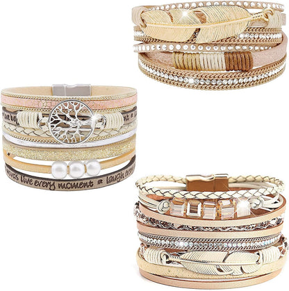 Wovanoo Leather Wrap Bracelet Set 3Pack Wrist Cuff Bracelet for Women Girls Multilayer Magnetic Clasp Bracelet Feather Tree Bead Crystal Bracelet Apparel & Accessories > Jewelry > Bracelets Wovanoo Feather Tree Crystal  