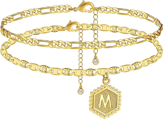 Wowshow Ankle Bracelets for Women,Gold Anklets 14K Real Gold Plated Layered Initial Anklet for Teen Girls with Letter A-Z Hexagon Pendant Apparel & Accessories > Jewelry > Anklets Wowshow Gold-M  