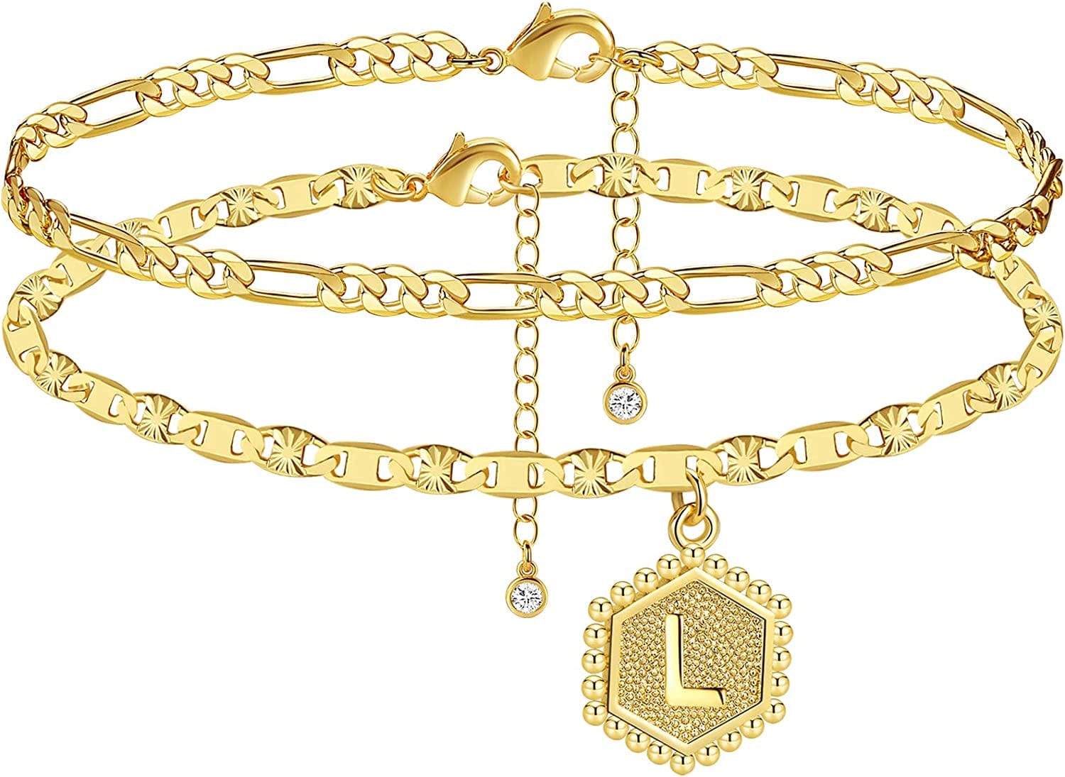 Wowshow Ankle Bracelets for Women,Gold Anklets 14K Real Gold Plated Layered Initial Anklet for Teen Girls with Letter A-Z Hexagon Pendant Apparel & Accessories > Jewelry > Anklets Wowshow Gold-L  