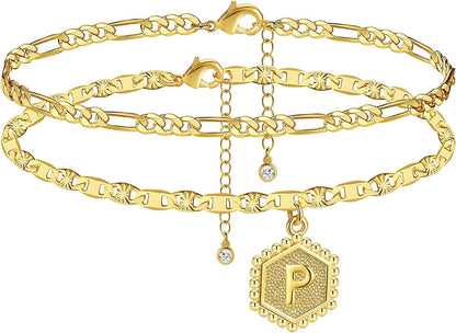 Wowshow Ankle Bracelets for Women,Gold Anklets 14K Real Gold Plated Layered Initial Anklet for Teen Girls with Letter A-Z Hexagon Pendant Apparel & Accessories > Jewelry > Anklets Wowshow Gold-P  