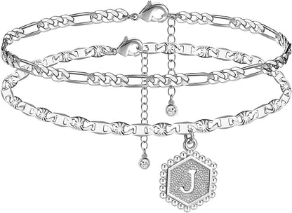Wowshow Ankle Bracelets for Women,Gold Anklets 14K Real Gold Plated Layered Initial Anklet for Teen Girls with Letter A-Z Hexagon Pendant Apparel & Accessories > Jewelry > Anklets Wowshow White Gold-J  