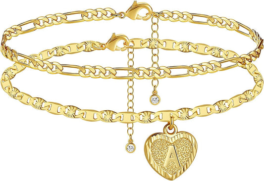 Wowshow Anklet for Women,Gold Ankle Bracelets 14K Real Gold Plated Heart Initial Layered Anklet for Girls with Letter A-Z Summer Gifts Apparel & Accessories > Jewelry > Anklets wowshow Gold-A  
