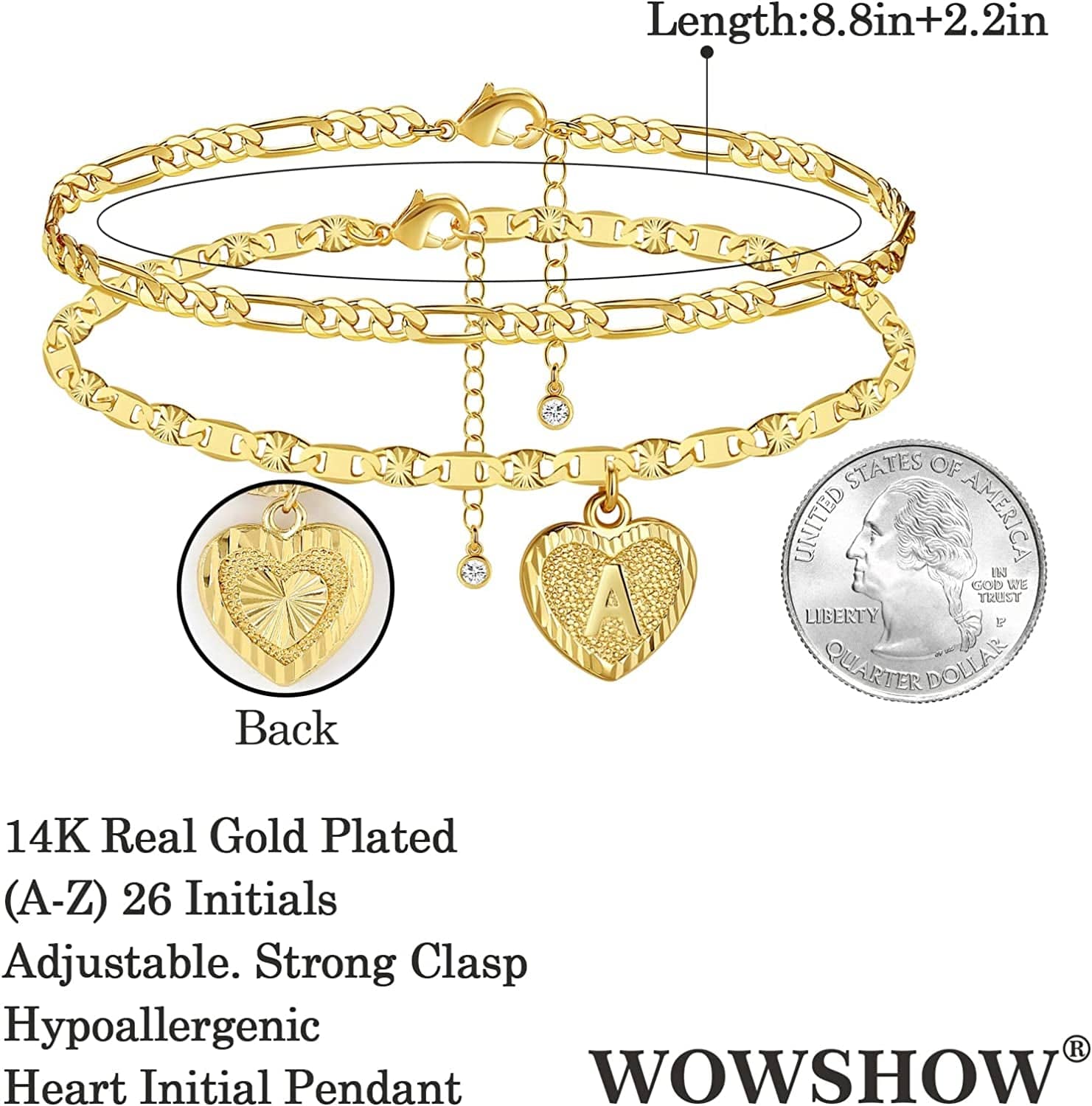 Wowshow Anklet for Women,Gold Ankle Bracelets 14K Real Gold Plated Heart Initial Layered Anklet for Girls with Letter A-Z Summer Gifts Apparel & Accessories > Jewelry > Anklets wowshow   