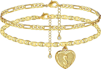 Wowshow Anklet for Women,Gold Ankle Bracelets 14K Real Gold Plated Heart Initial Layered Anklet for Girls with Letter A-Z Summer Gifts Apparel & Accessories > Jewelry > Anklets wowshow Gold-S  