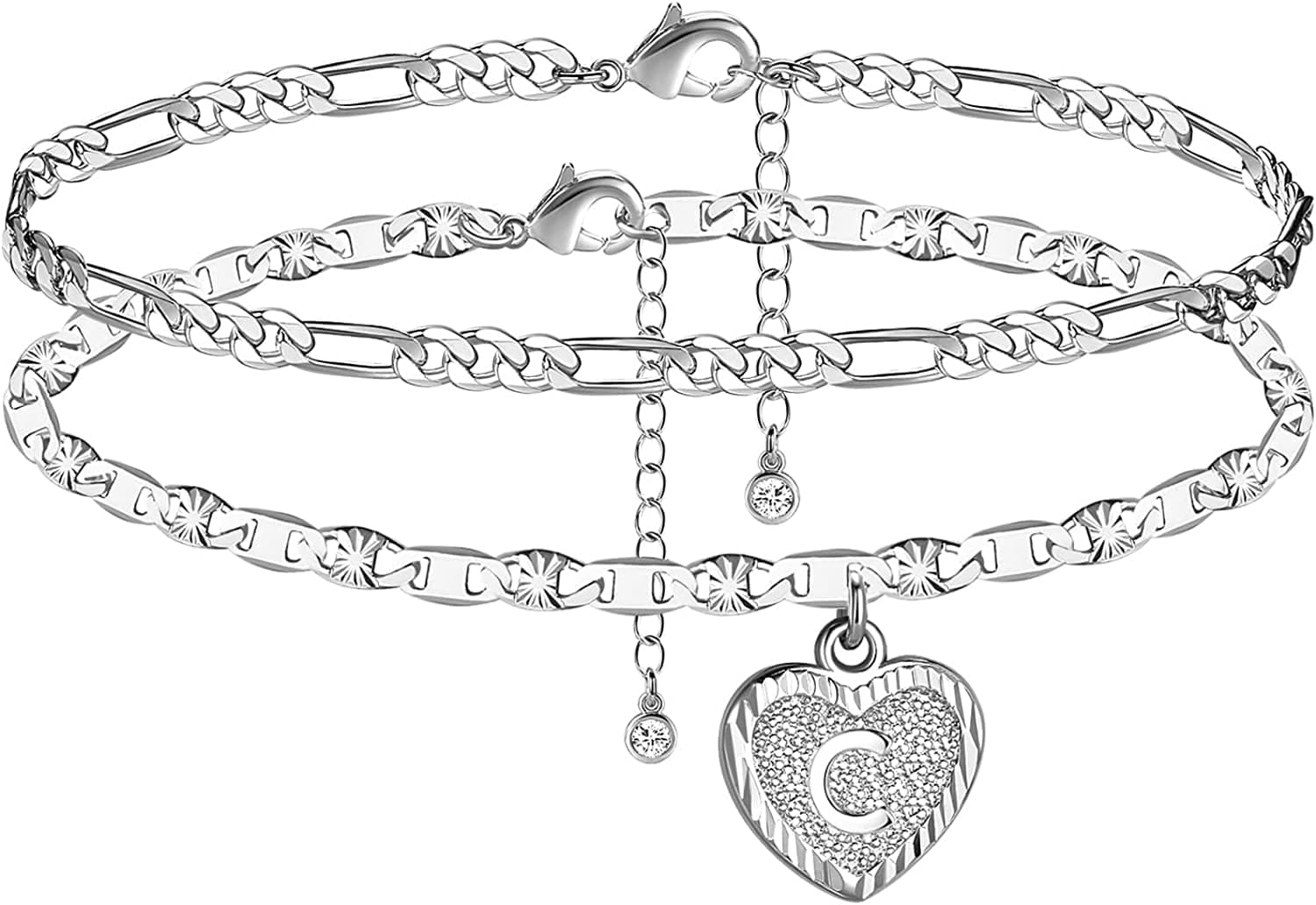 Wowshow Anklet for Women,Gold Ankle Bracelets 14K Real Gold Plated Heart Initial Layered Anklet for Girls with Letter A-Z Summer Gifts Apparel & Accessories > Jewelry > Anklets wowshow White Gold-C  
