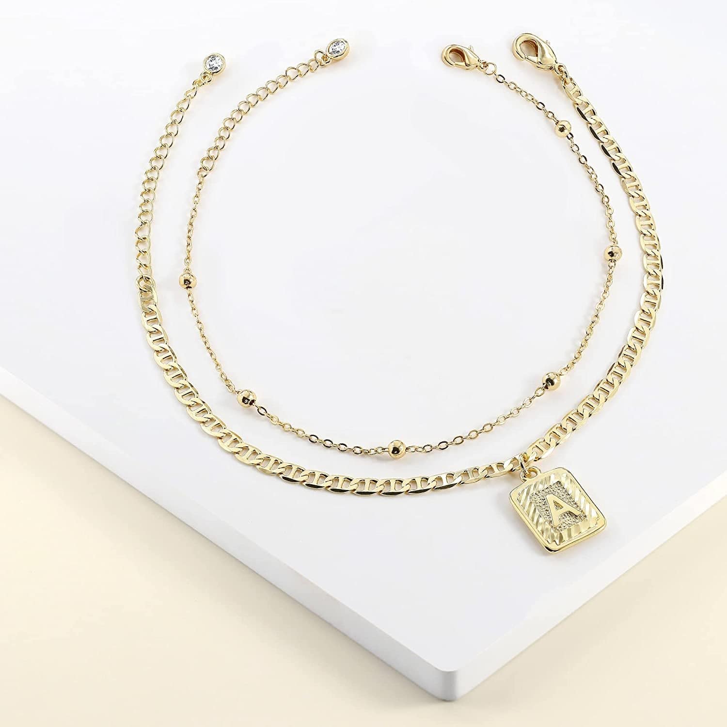 Wowshow Gold Anklet Initial Ankle Bracelets Square Pendant Anklet for Women 14K Real Gold Plated Letter Flat Marina Foot Chain Gift Apparel & Accessories > Jewelry > Anklets wowshow   