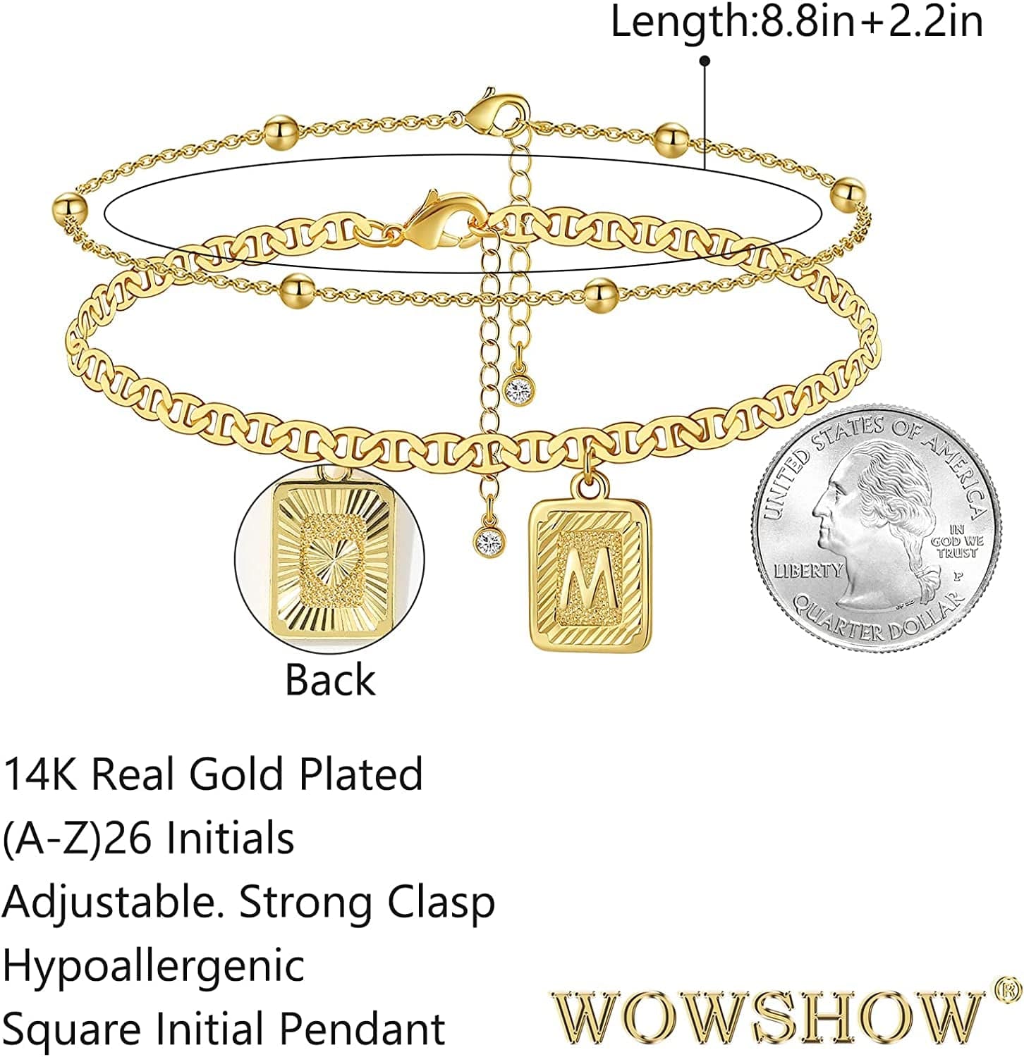 Wowshow Gold Anklet Initial Ankle Bracelets Square Pendant Anklet for Women 14K Real Gold Plated Letter Flat Marina Foot Chain Gift Apparel & Accessories > Jewelry > Anklets wowshow   