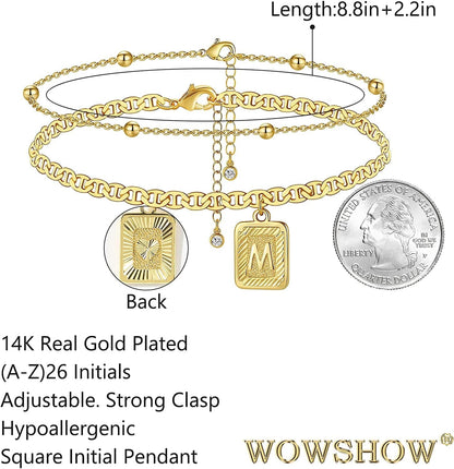Wowshow Gold Anklet Initial Ankle Bracelets Square Pendant Anklet for Women 14K Real Gold Plated Letter Flat Marina Foot Chain Gift Apparel & Accessories > Jewelry > Anklets wowshow   