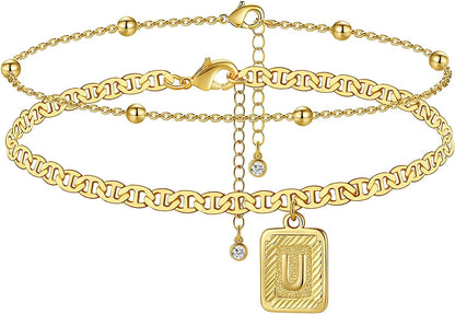 Wowshow Gold Anklet Initial Ankle Bracelets Square Pendant Anklet for Women 14K Real Gold Plated Letter Flat Marina Foot Chain Gift Apparel & Accessories > Jewelry > Anklets wowshow Gold Beaded-U  