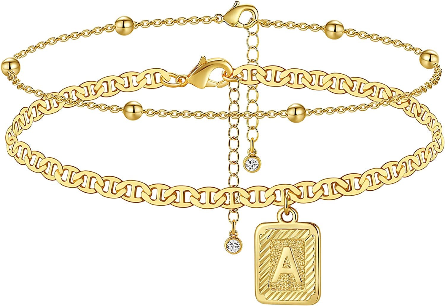 Wowshow Gold Anklet Initial Ankle Bracelets Square Pendant Anklet for Women 14K Real Gold Plated Letter Flat Marina Foot Chain Gift Apparel & Accessories > Jewelry > Anklets wowshow Gold Beaded-A  