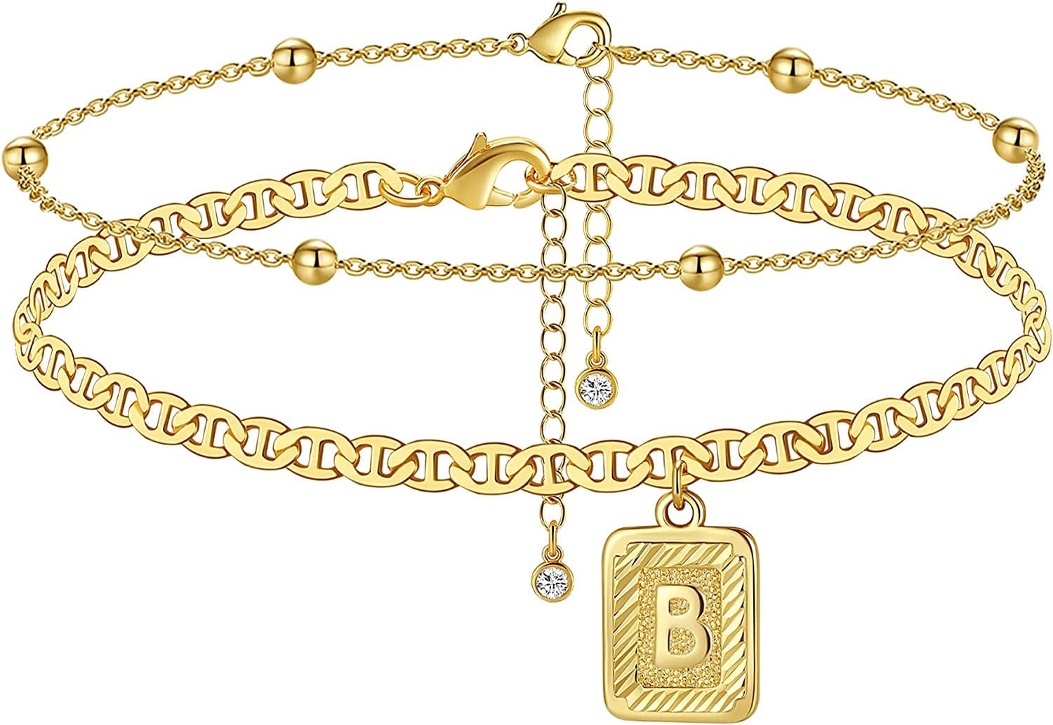 Wowshow Gold Anklet Initial Ankle Bracelets Square Pendant Anklet for Women 14K Real Gold Plated Letter Flat Marina Foot Chain Gift Apparel & Accessories > Jewelry > Anklets wowshow Gold Beaded-B  