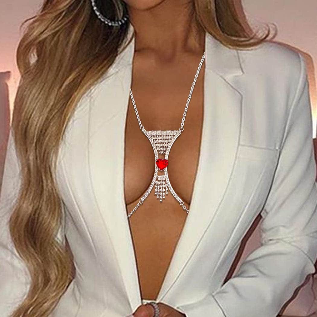 Wriidy Rhinestone Chest Bracket Bra Chain Silver Heart Crystal Body Chains Sparkle Body Jewelry Accessories for Women and Girls (01) Apparel & Accessories > Jewelry > Body Jewelry Wriidy 03  